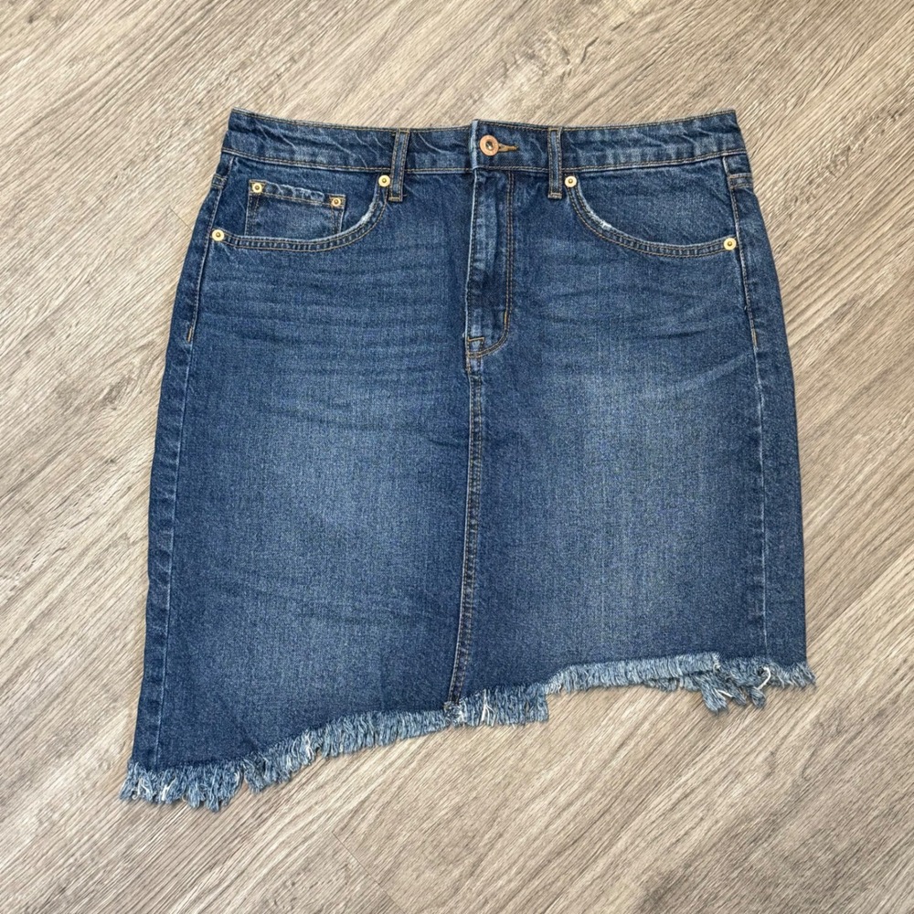 Ella Moss Womens Asymmetrical Raw Hem Denim Mini Skirt Blue Size 29 32" Waist LG
